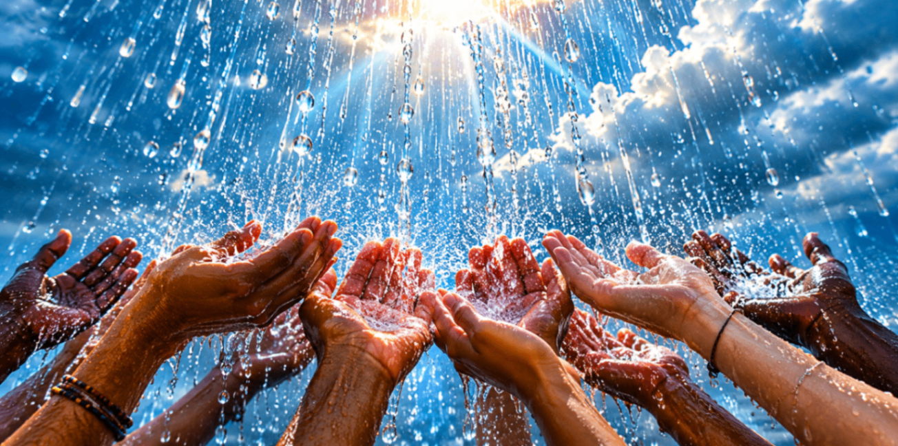 Hands reaching toward water — hope and community
